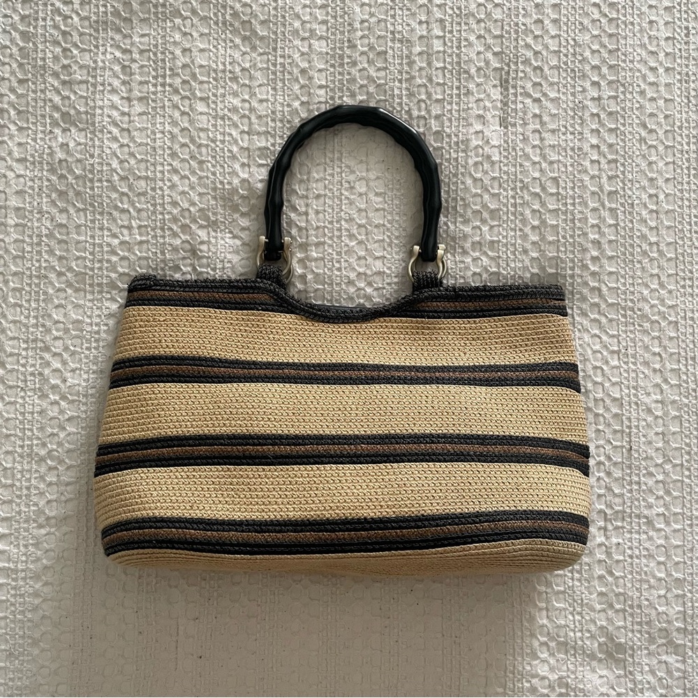 Vintage tan and black striped woven straw bag